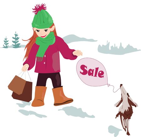 Sweet, beautiful girl with a cheerful dog go shopping at the store for sale.のイラスト素材