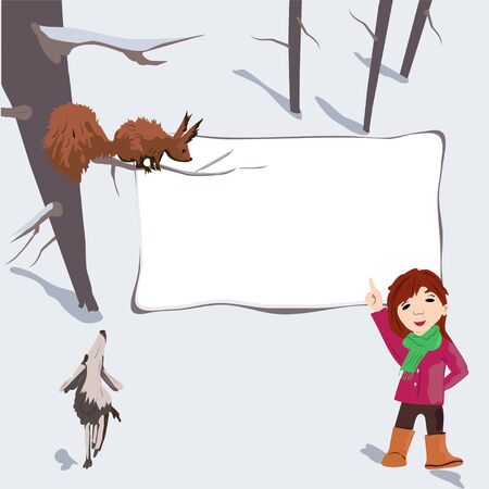 Modern beautiful vector text frame with forest animal and girl designのイラスト素材