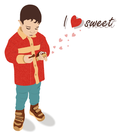 beautiful child and a sweet cake. the little boy holds in his hand a delicious cake with candy. vector, color illustration of children's love for sweet foodのイラスト素材