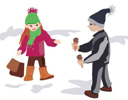 Modern vector illustration of a beautiful girl with shopping bags and a cheerful boy with sweet ice cream in his hands.のイラスト素材