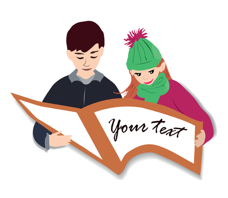 A cheerful boy and a beautiful girl teach lessons or read book together.  color vector illustration of kids with a book on a white backgroundのイラスト素材
