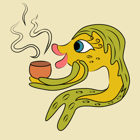 beautiful, goldfish on vacation, with a Cup of hot, delicious coffee.のイラスト素材