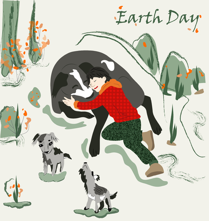 Happy boy with a big dog in the forestのイラスト素材