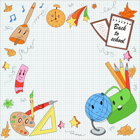 first school day, school items: globe, pencils, pen, brushes, paint, leaves, school bag, cute stars. modern, color, hand drawn vector illustration in cartoon style for  textのイラスト素材