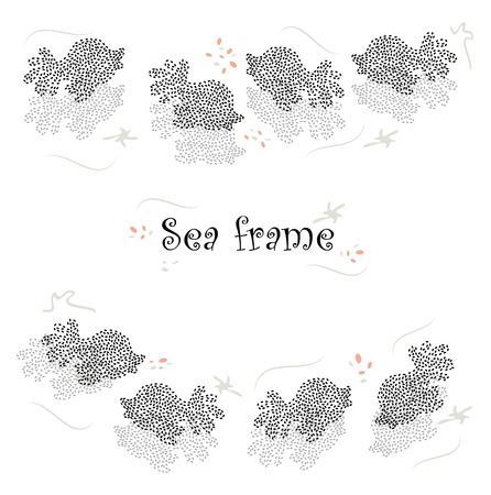 cute, beautiful hand-drawn fish, starfish and sea on white background. modern, hand-drawn text frame in cartoon style for designのイラスト素材