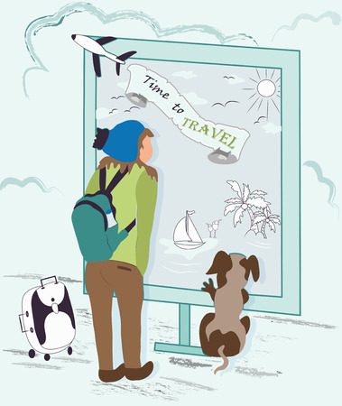 Beautiful little girl with a big suitcase and a dog looking at a banner advertising about a trip to Europe, to warm countries. Unusual hand-drawn advertising about a fascinating journey in cartoon styleのイラスト素材