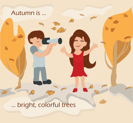Beautiful, cute girl takes a selfie photo on the background of trees, leaves in autumn. hand-drawn vector illustration of a boy and a girl beginning of autumn.のイラスト素材