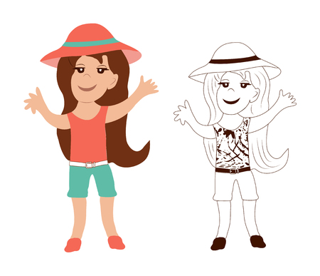 cute, beautiful, girl in summer clothes isolated on a white background. modern, illustration for design of t-shirts, summer bags, clothes hand-drawn in cartoon styleのイラスト素材
