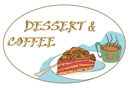 sweet, delicious dessert: a Cup of black, hot coffee and a cake with cream. hand-drawn, vector illustration for coffee design, shops, barsのイラスト素材