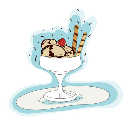 sweet chocolate ice cream with cream and strawberries in a glass. hand-drawn illustration of sweet dessert for coffee design, ice cream shopsのイラスト素材