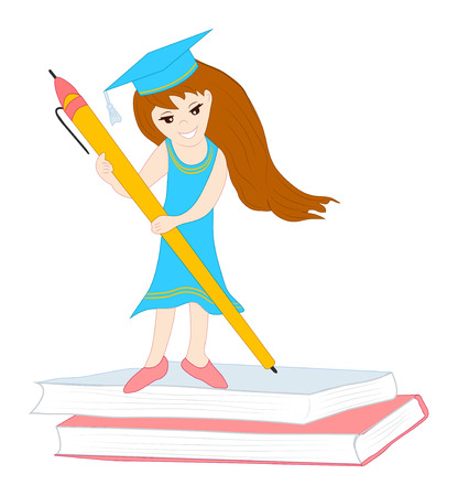 a pretty little girl writes letters in a notebook with a pen. hand-drawn cartoon-style children's illustration of a schoolgirlのイラスト素材