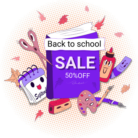 Back to school sale vector banner with funny school characters and red sale text in white background for education school shopping promotion. hand-drawn illustration in cartoon styleのイラスト素材