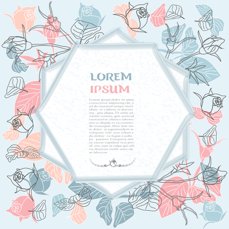 banner, background, invitation card, hand-drawn with roses and text . Design blue, pink flowers with frame for text. Blue geometric frame with texture.のイラスト素材
