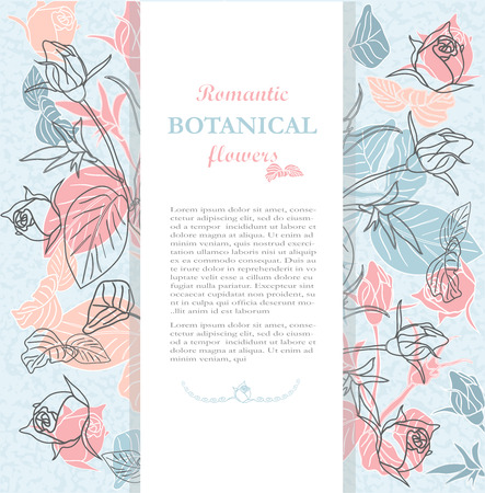 banner, background, invitation card, hand-drawn with roses and text . Design blue, pink flowers with frame for text. Blue geometric frame with texture.のイラスト素材