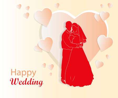 a heart in love with a happy couple of newlyweds. vector-wedding couple on a pink background. postcard, invitation, greeting with hearts for the wedding in pinkのイラスト素材