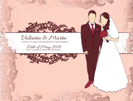 bride and groom silhouette on pink background. wedding couple with flowers greeting card with text. wedding invitation, vector illustration for wedding celebrationのイラスト素材