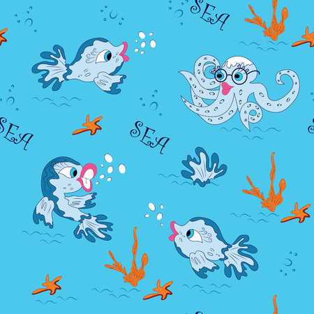 vector drawing of the sea with cute fish and octopus. hand-drawn illustration of seamless pattern for children's designのイラスト素材