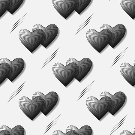a pattern of three-dimensional, convex hearts in a 3d effect. abstract seamless vector background of black and white hearts in dynamic style. vector illustration for design of covers, bags, postcard, wrapping paper, greetingsのイラスト素材