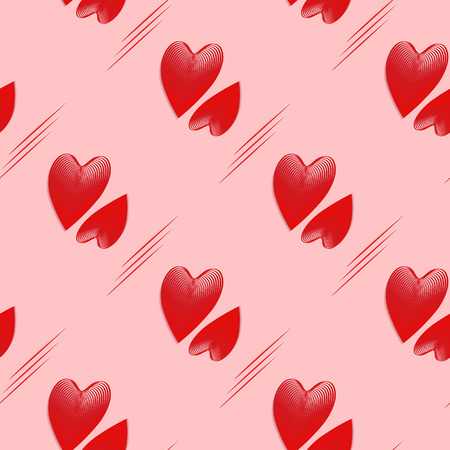 a pattern of three-dimensional, convex hearts in a 3d effect. abstract seamless vector background of red and pink hearts in dynamic style. vector illustration for design of covers, bags, postcard, wrapping paper, greetingsのイラスト素材