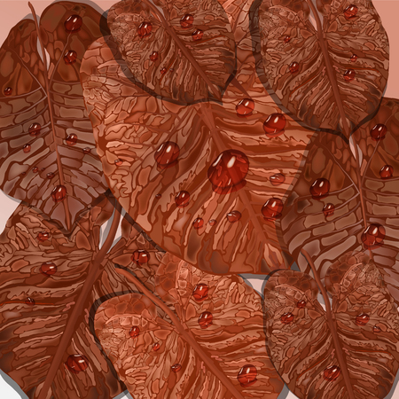realistic tropical leaves with dew drops. vector brown-red  background of tropical leaves with water drops. vector graphics, top view of the sheet-background for designのイラスト素材