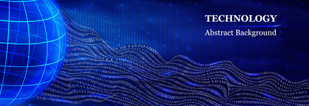 abstract futuristic-binary 0 and 1 in wave style and ground on blue background . the concept of the Internet, digital design in 3d style. vector graphics.のイラスト素材