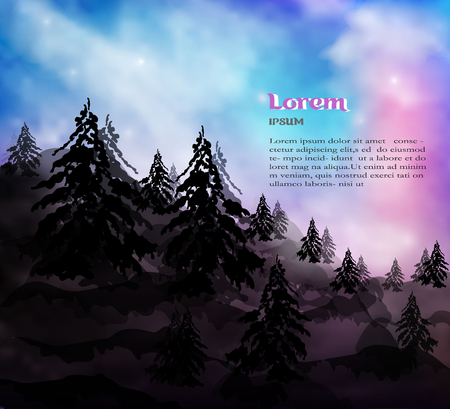 realistic 3d composition of trees, forest and snow-capped mountains. vector banner, web header Winter pine, Christmas tree, mountains and sky with blue clouds. realistic landscape, composition, background with black text. vector graphicsのイラスト素材