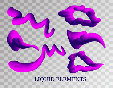 The gradient is formed in iridescent purple. Set of isolated liquid elements holographic design palette of shimmering colors in realism style. Modern abstract 3d painting, bright colorful liquid geometric shapes for design. isometry - vector graphicsのイラスト素材