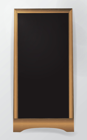 Realistic black Board with wooden frame isolated on light background. vector wooden Board for business, advertising, street menu, bar, restaurant. Pattern wooden 3d plaque in the style of realism. vector graphics.のイラスト素材