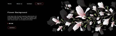 realistic flower, Magnolia branch isolated on black background. Magnolia branch-a symbol of spring, summer, femininity in the style of realism. 3d, three-dimensional background for web design, banner, presentation . Widescreenのイラスト素材