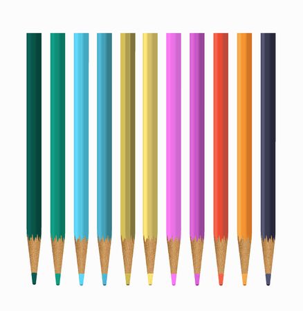 colored pencils isolated on white background. back to school, elements for design in realism style (green, pink, purple, red). set of school subjects, realistic style.のイラスト素材