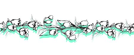 spring border, brush of Lily of the valley flowers (primroses, herbs). realistic sketch, hand drawing of doodles. black, white design for postcard, Wallpaper, advertising.のイラスト素材