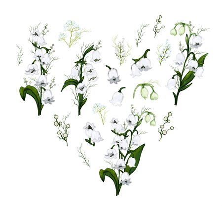Spring set, a bouquet of Lily of the valley flowers in the form of a heart. hand-drawn realistic Doodle isolated on white background. Botanical vector illustration, flowers of the primrose. for design, advertising, Wallpaper, paperのイラスト素材