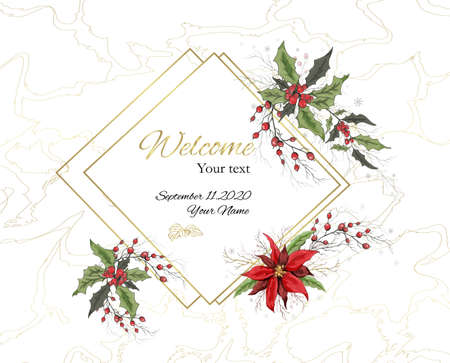 banner of winter flowers (poinsettia, white mistletoe, Holly) isolated on a white background. realistic hand-drawn compositions of bouquets. gold ornaments, decorations for seasonal cards, posters, advertising. Vintage styleのイラスト素材