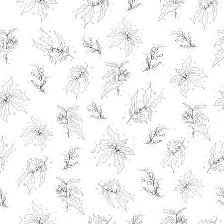 seamless vector Wallpaper with a pattern of Holly and Rowan branches. the hand-drawn sketch is made in a minimalist style. vintage-inspired illustration for paper, print, winter ideasのイラスト素材
