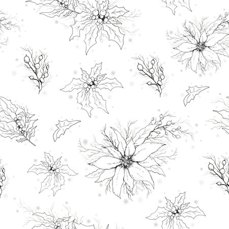 seamless vector Wallpaper with a pattern of Holly, Rowan, poinsettia branches. the hand-drawn sketch is made in a minimalist style. vintage-inspired illustration for paper, print, winter ideasのイラスト素材