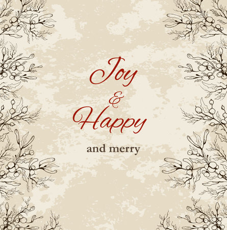 old background, postcard, banner with an inscription under the text. hand-drawn winter mistletoe branches in a minimalist style. modern background for holidays, invitations, your ideas. vintage styleのイラスト素材
