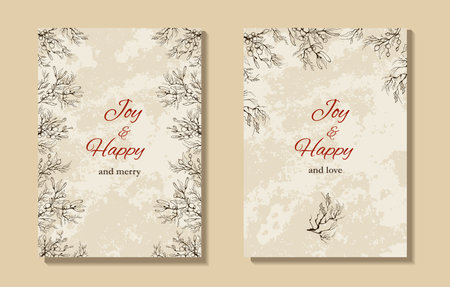 set of old background, postcard, banner with an inscription under the text. hand-drawn winter mistletoe branches in a minimalist style. modern background for holidays, invitations, your ideas. vintage style.のイラスト素材