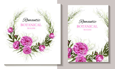 set of wreaths with pink flowers, tropical branches. luxurious, modern design of realistic peonies on a white background. for cards, wedding invitations, greeting cards.のイラスト素材
