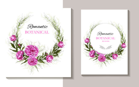 set of wreaths with pink flowers, tropical branches. luxurious, modern design of realistic peonies on a white background. for cards, wedding invitations, greeting cards.のイラスト素材