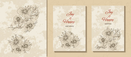 a set of old background, a postcard, a banner with an inscription under the text. hand-drawn branches, Orchid flowers in a minimalist style. modern background for holidays, invitations, your ideas. vintage style.のイラスト素材