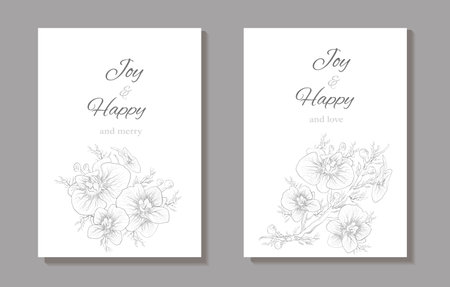 a set of old background, a postcard, a banner with an inscription under the text. hand-drawn branches, Orchid flowers in a minimalist style. modern background for holidays, invitations, your ideas. vintage style.のイラスト素材