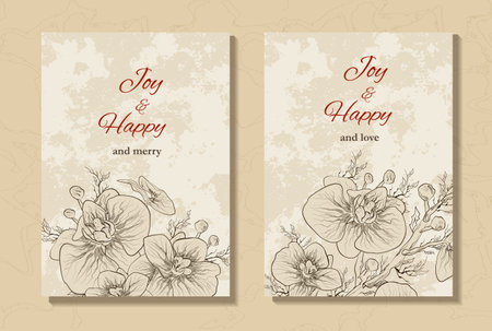 a set of old background, a postcard, a banner with an inscription under the text. hand-drawn branches, Orchid flowers in a minimalist style. modern background for holidays, invitations, your ideas. vintage style.のイラスト素材