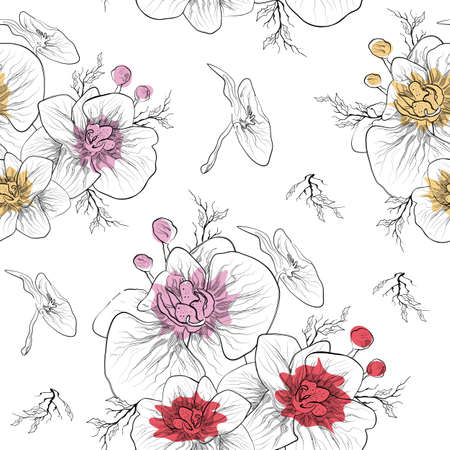 Floral, seamless botanical pattern, orchid flower isolated on white background. monochrome, wallpaper. hand-drawn pattern for textiles in a minimalist style. art drawing for printing wrapping paper. illustration.の写真素材