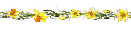brush of primrose flowers, branches, leaves. hand-drawn Botanical element in a realistic style. seamless brush, frame with seasonal narcisuss for your ideas, paper greeting cards, posters, advertising. art illustrationの写真素材