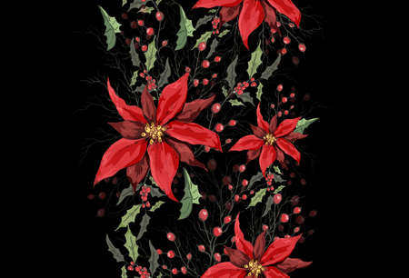 Seamless floral frame, border. realistic holiday flowers made of poinsettia, Holly. modern hand-drawn winter flowers in the style of realism. Vector decor for print, your ideas. vintage art illustrationの写真素材