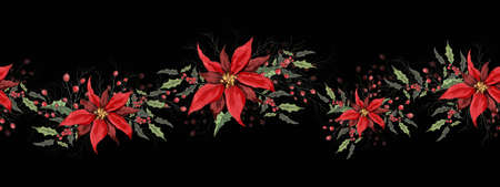 Seamless floral frame, border. realistic holiday flowers made of poinsettia, Holly. modern hand-drawn winter flowers in the style of realism. art decor for print, your ideas. illustrationの写真素材