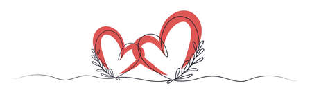 Continuous drawing of the line of a love sign with two hearts with tropical leaves. romantic hand-drawn drawing in the style of minimalism. art modern element of love, isolated on a white background. for print, banner, card, postcard .. vectorのイラスト素材