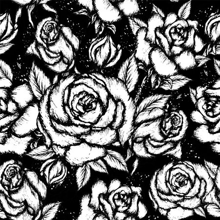 seamless, modern, pattern of roses, grass, decorative Wallpaper, hand-drawn composition in vintage style monochrome illustration of flowers, isolated on a white background. for printing, paper, design your ideas. art illustrationの写真素材