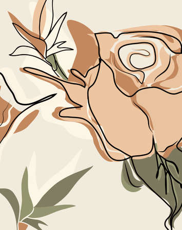 abstract, modern background of rose, flowers. a hand-drawn illustration in the style of minimalism. the composition is one line. vector background for print, paper, card, banner vector artのイラスト素材