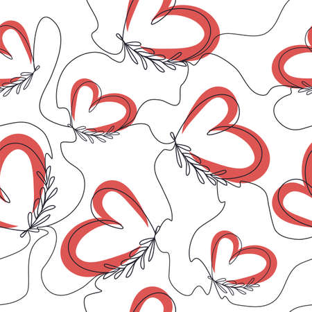 seamless pattern for drawing a paper plane with a one line. A continuous, hand-drawn romantic heart with tropical leaves. minimalism, art illustration. for paper, print, banner, card.の写真素材